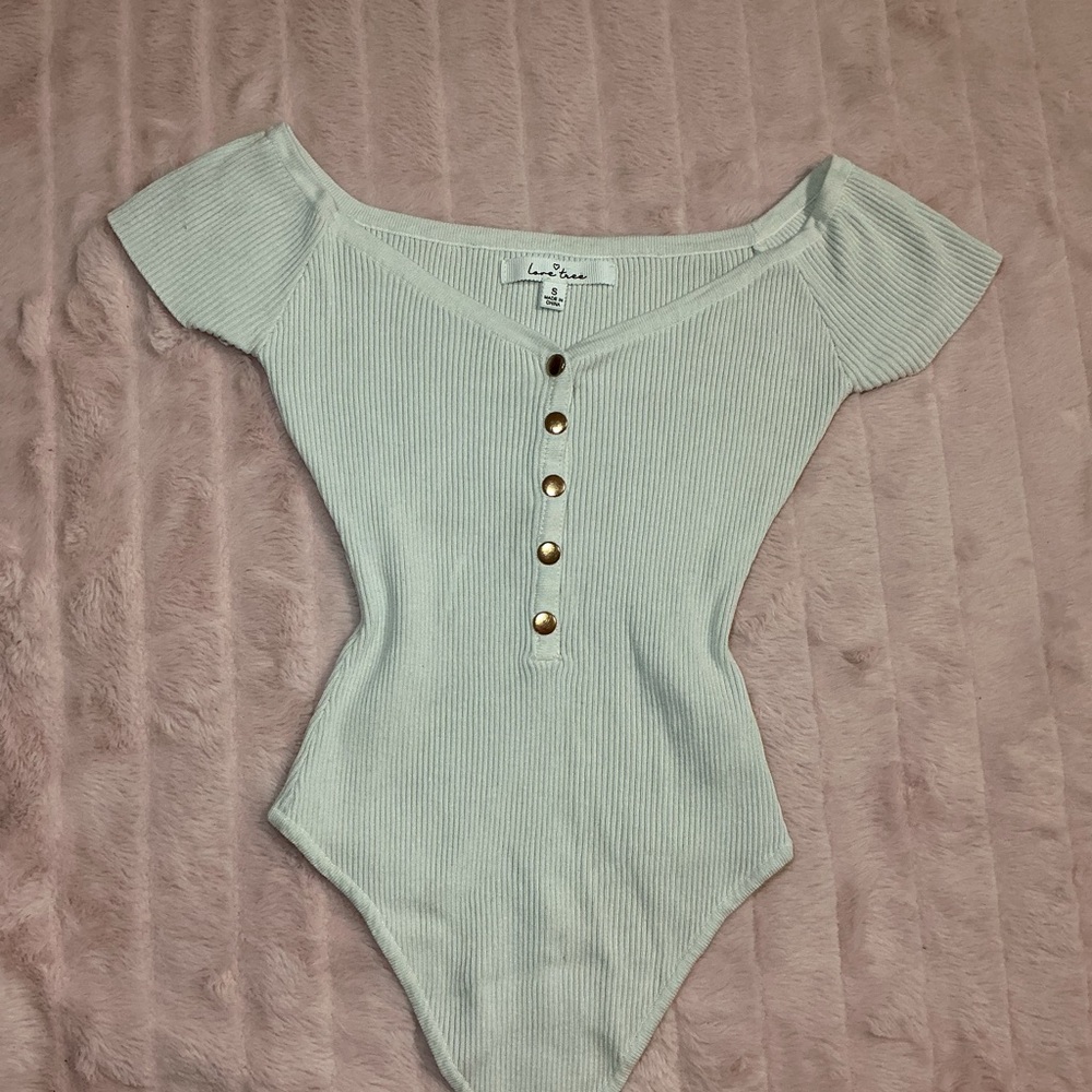 Love Tree Cream Ribbed Bodysuit with Gold Accents